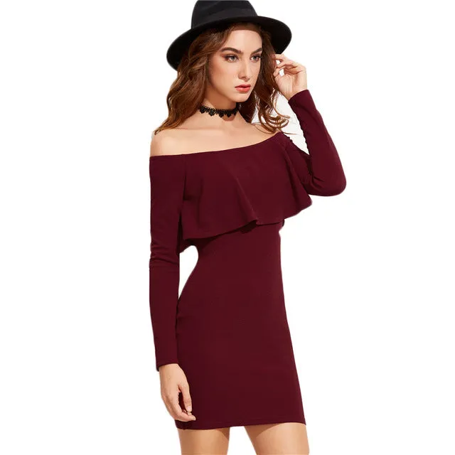 COLROVIE Long Sleeve Mini Dress Womens Autumn Winter Dresses Women Sexy Party Burgundy Off Shoulder Ruffle Bodycon Dress