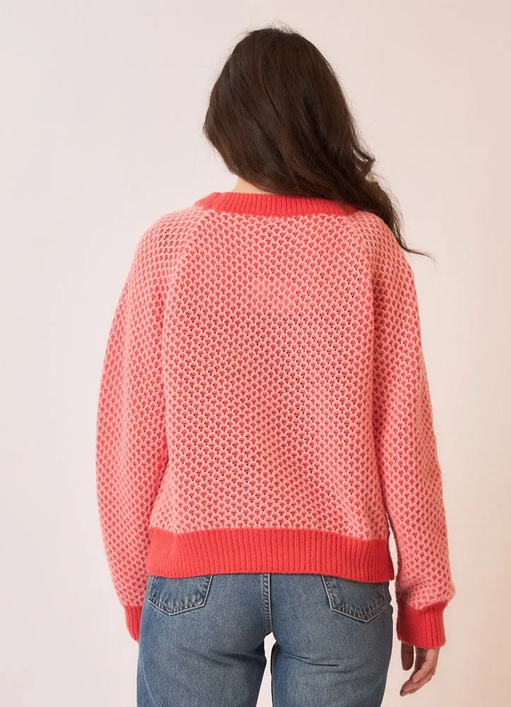 Contrast Hem Waffle Knit Sweater in Coral by Cozy Co