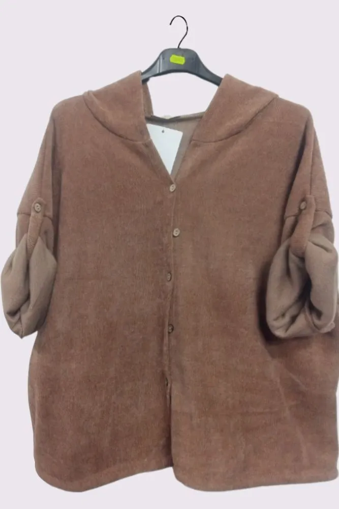 Corduroy Pattern Button Fastening Cropped Hooded Jacket