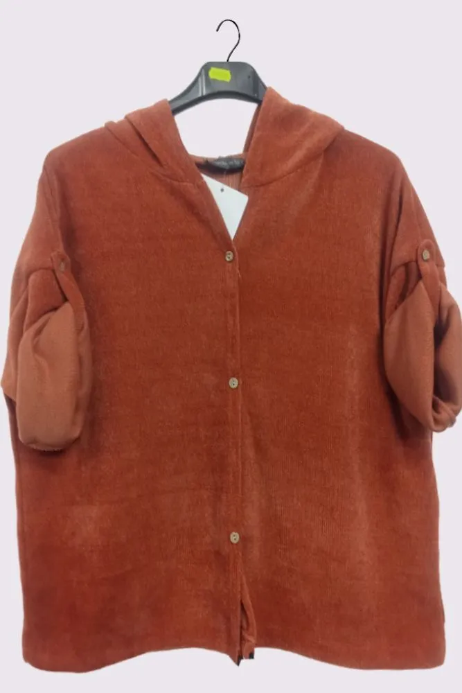 Corduroy Pattern Button Fastening Cropped Hooded Jacket