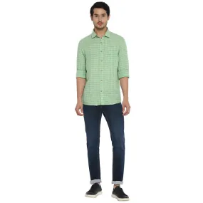 Cotton Linen Green Checkered Slim Fit Casual Shirt