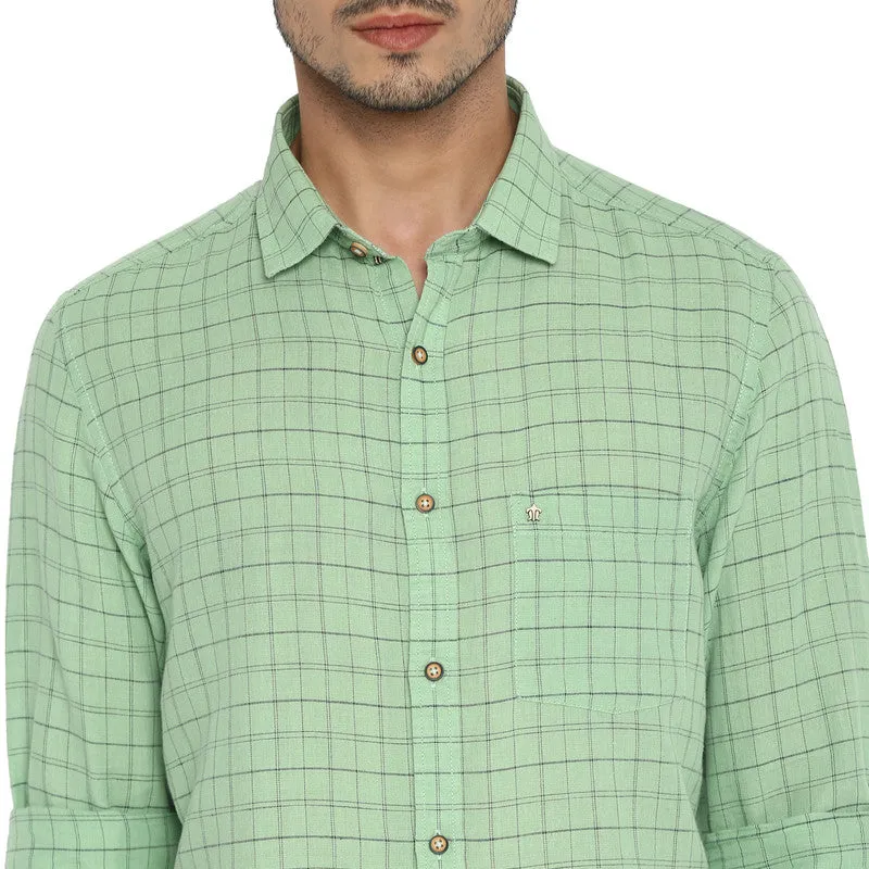 Cotton Linen Green Checkered Slim Fit Casual Shirt