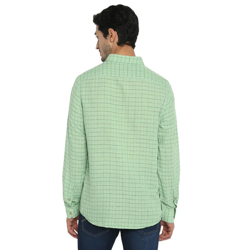 Cotton Linen Green Checkered Slim Fit Casual Shirt