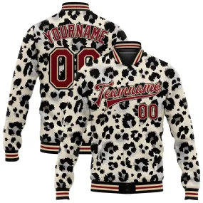 Custom City Cream Crimson-Black Leopard Print 3D Pattern Design Bomber Full-Snap Varsity Letterman Jacket