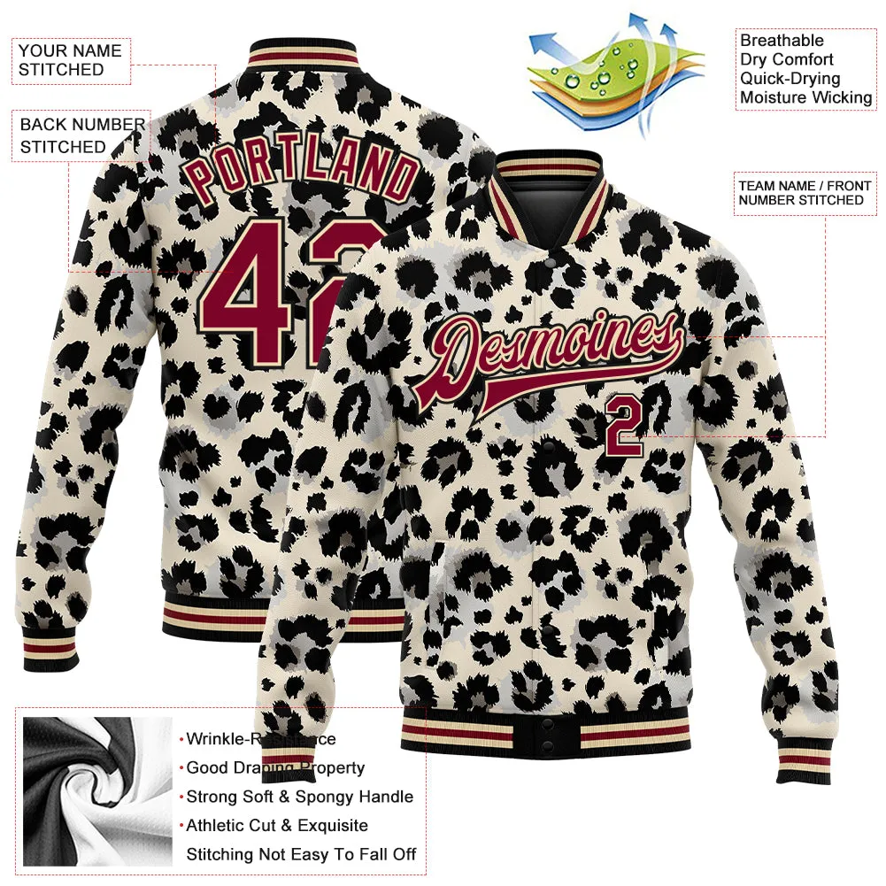 Custom City Cream Crimson-Black Leopard Print 3D Pattern Design Bomber Full-Snap Varsity Letterman Jacket