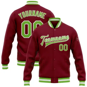 Custom Crimson Neon Green-White Bomber Full-Snap Varsity Letterman Jacket