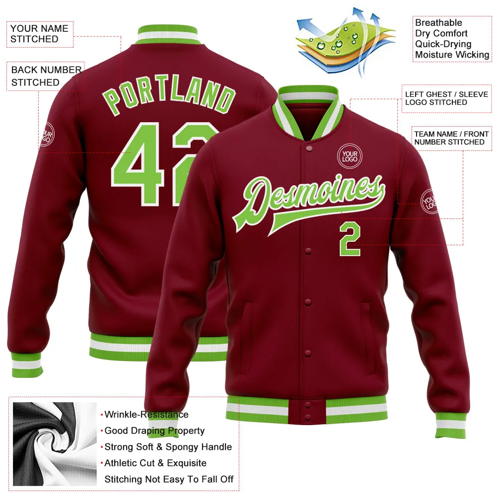 Custom Crimson Neon Green-White Bomber Full-Snap Varsity Letterman Jacket