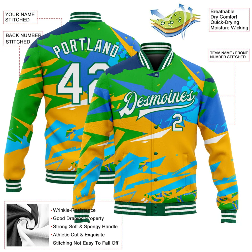 Custom Graffiti Pattern White-Kelly Green Hiphop Abstract Urban Street Art 3D Bomber Full-Snap Varsity Letterman Jacket