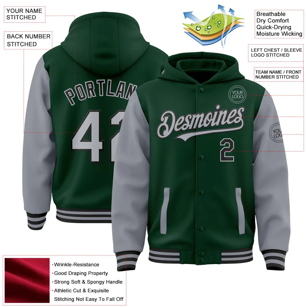 Custom Green Gray-Black Bomber Full-Snap Varsity Letterman Two Tone Hoodie Jacket