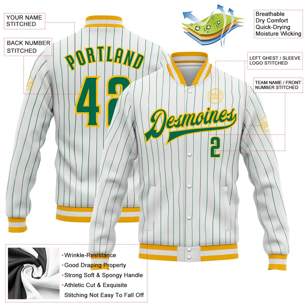 Custom White Kelly Green Pinstripe Kelly Green-Gold Bomber Full-Snap Varsity Letterman Jacket