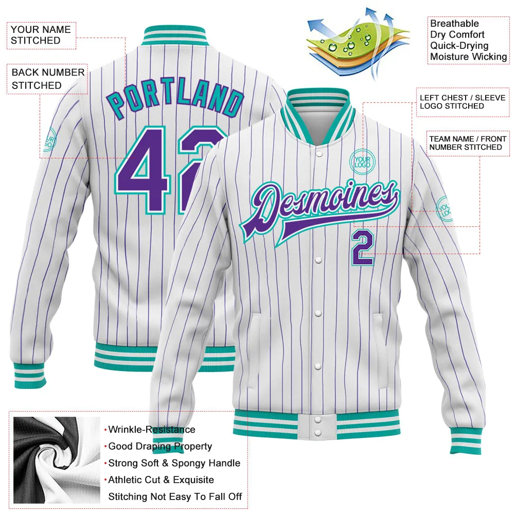 Custom White Purple Pinstripe Aqua Bomber Full-Snap Varsity Letterman Jacket