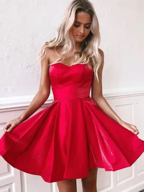 Cute Strapless Backless Red Homecoming Short Prom, Backless Red Formal, Red Evening, Graduation