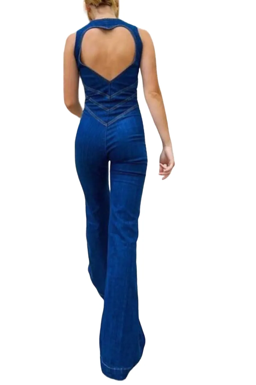 Daisy - High Waist Zipper Denim Jumpsuit