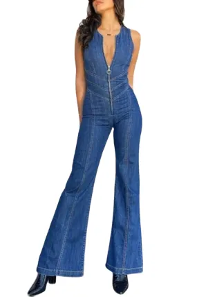 Daisy - High Waist Zipper Denim Jumpsuit