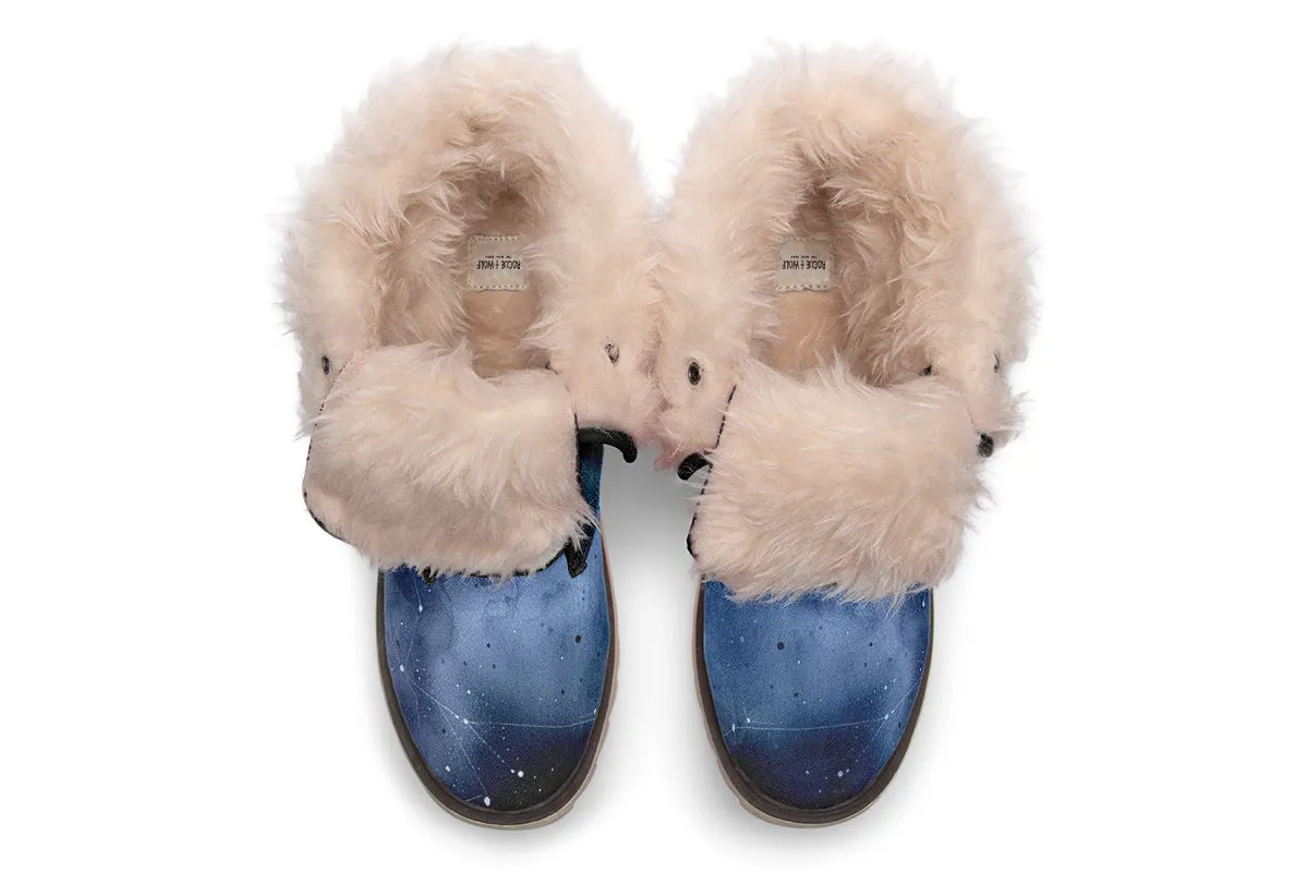 Deep Blue Fold Over Winter Boots - Microsuede Vegan Boots with Fur Lining and Convertible Style