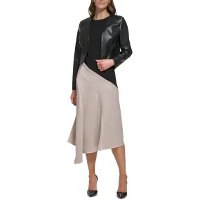 DKNY Womens Faux Leather Cropped Open-Front Blazer