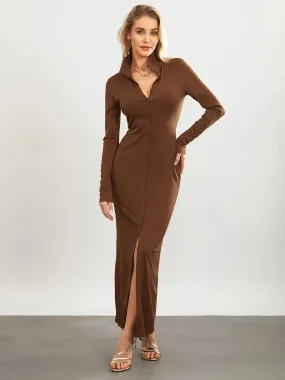 Down Long Sleeve Bodycon Maxi Sexy V Neck Slim Fit Long Spring Fall Casual Button Dress