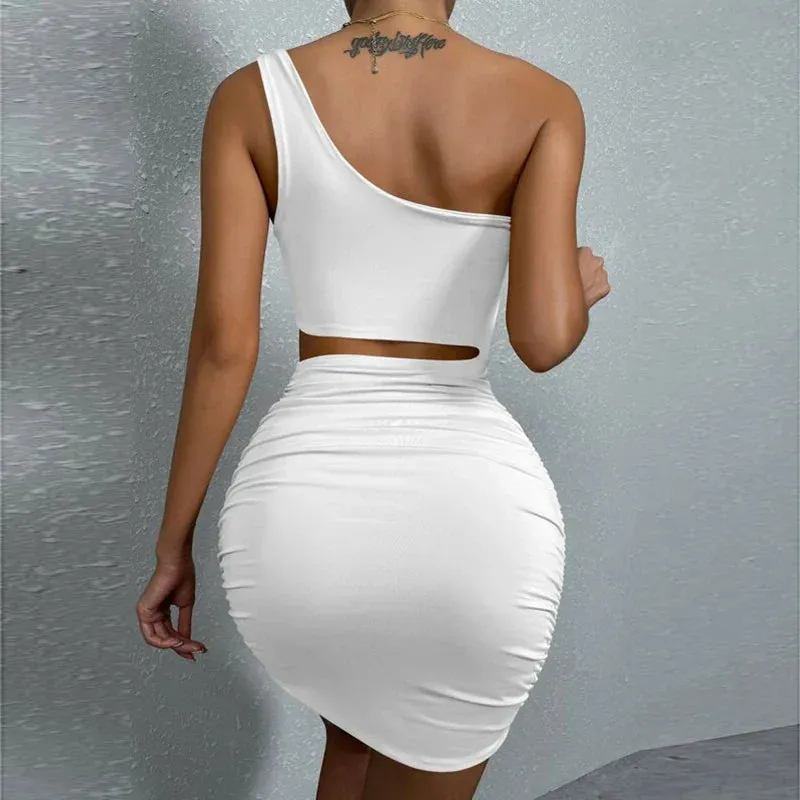 Dresses Sexy Hollow Bodycon 2024 Ruched White Party Club Sleeveless One Shoulder Black Vestidos Mini Dress