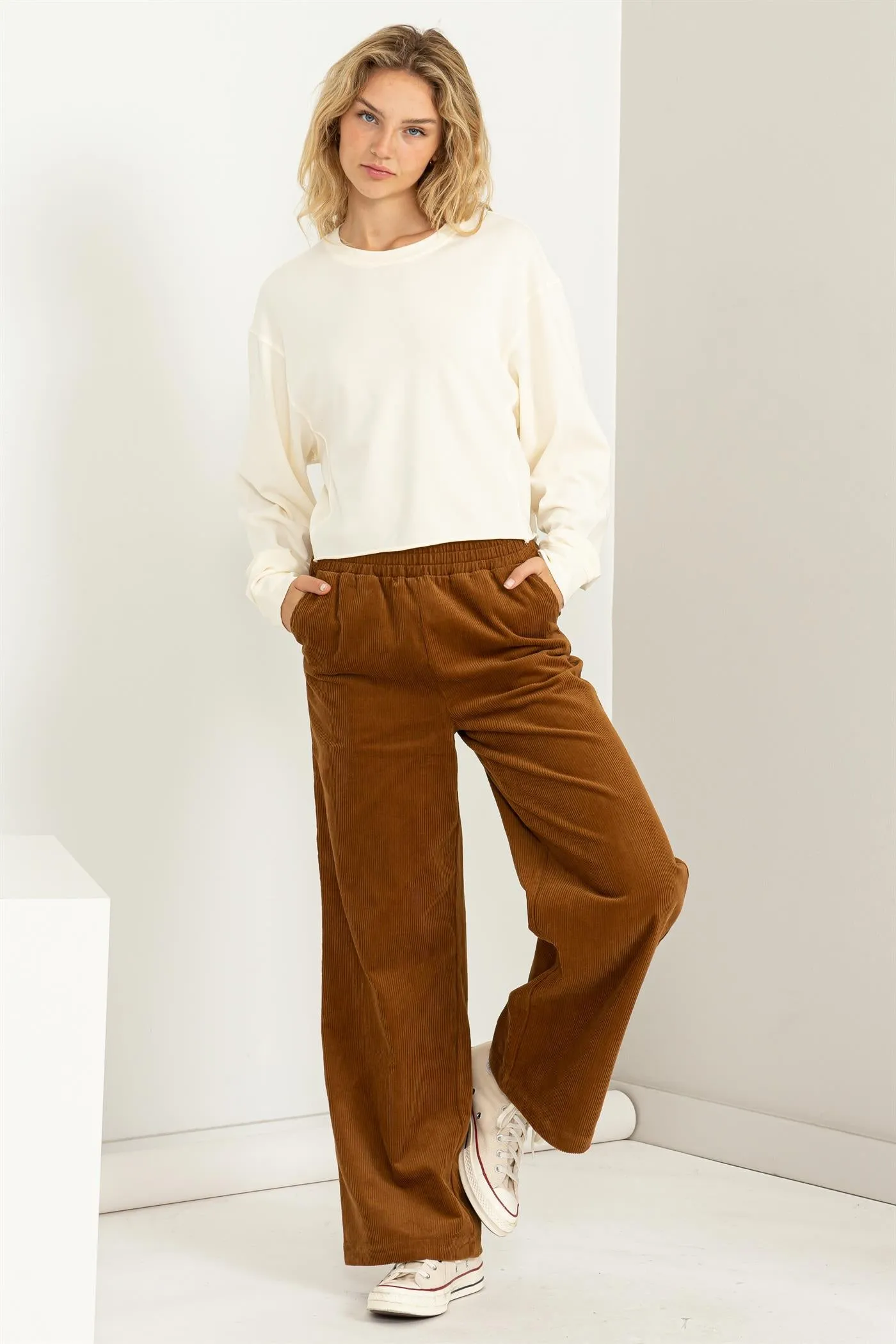 DZ23F404-CORDUROY HIGH-WAISTED WIDE LEG PANTS