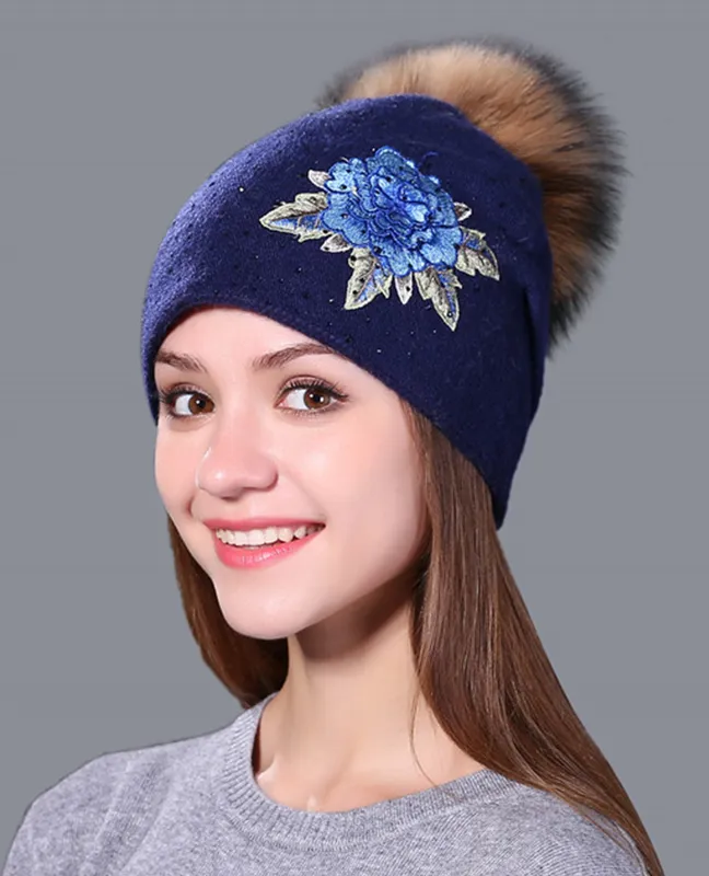 embroidery mink fur Beanie