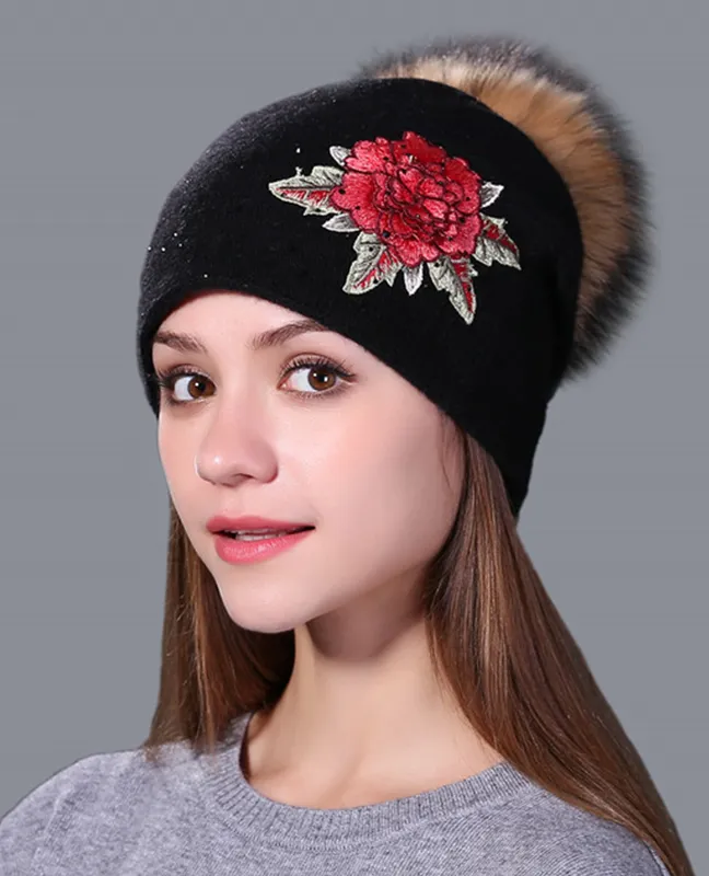 embroidery mink fur Beanie