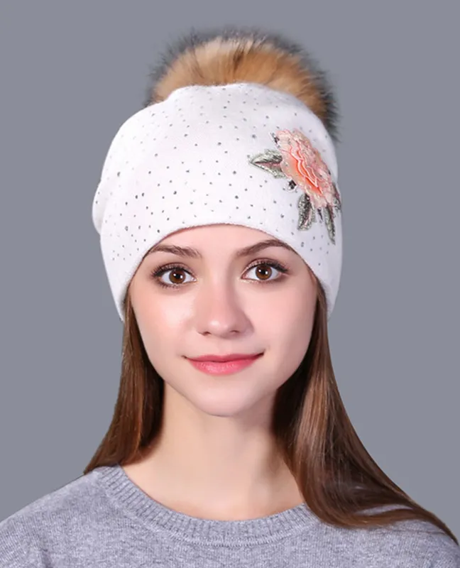 embroidery mink fur Beanie