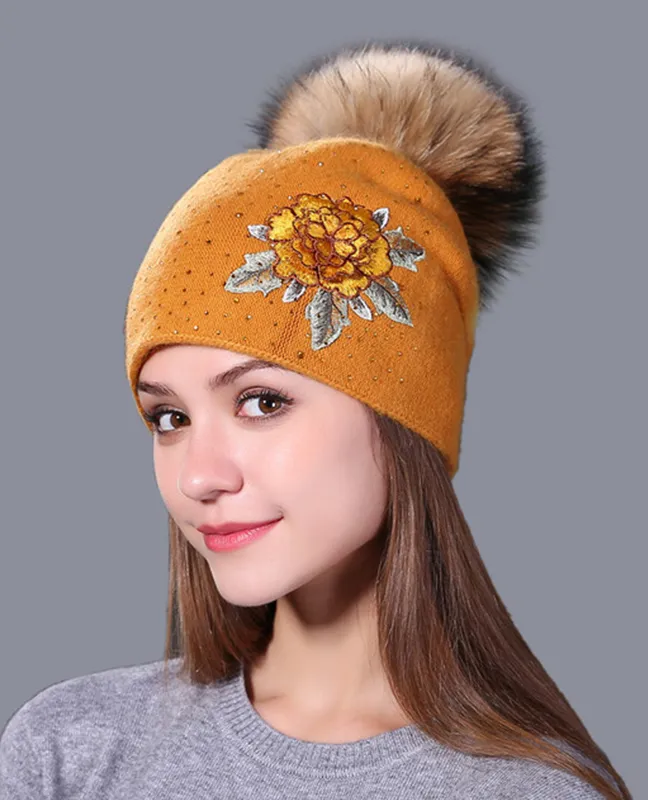 embroidery mink fur Beanie