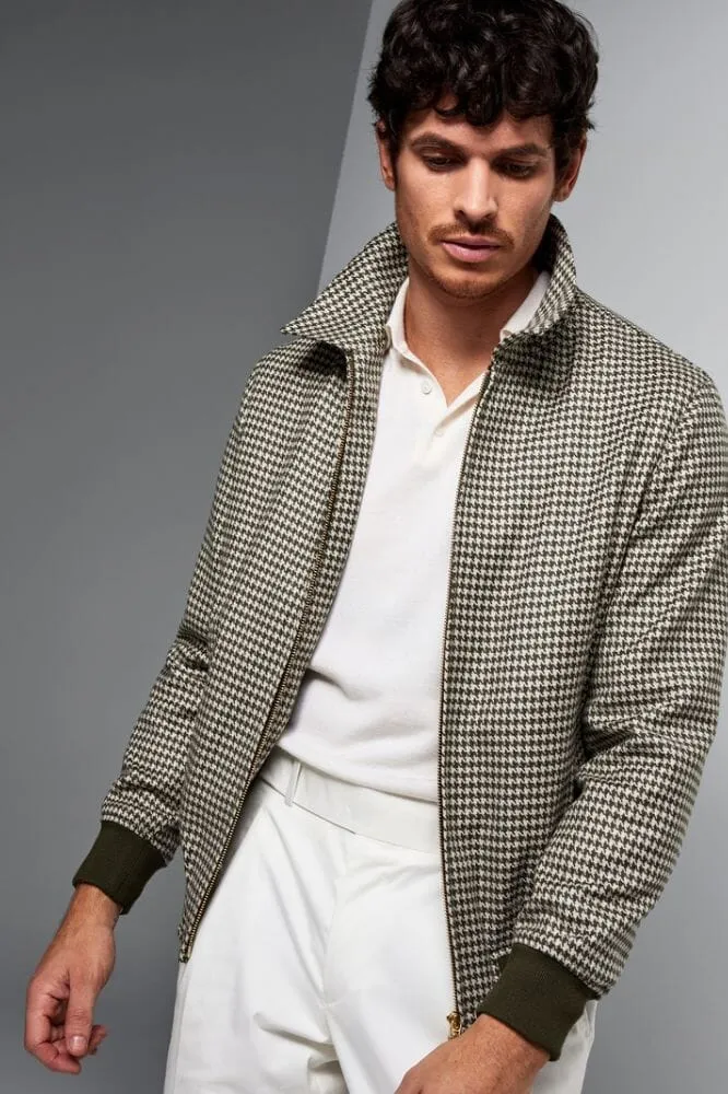 Flight Bomber Jacket - Olive Houndstooth Wool Silk