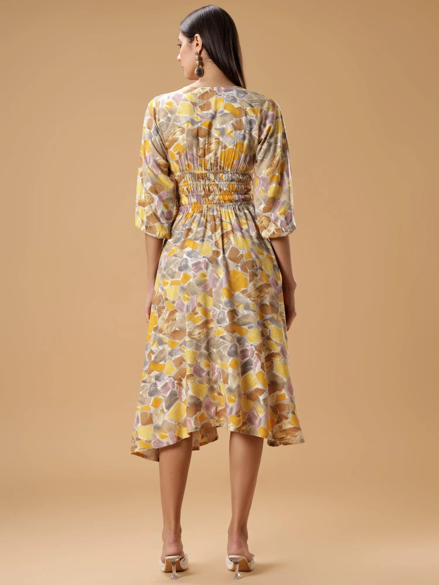 Floral Print Puff Sleeves Smocked Liva Fit & Flare Midi Dress