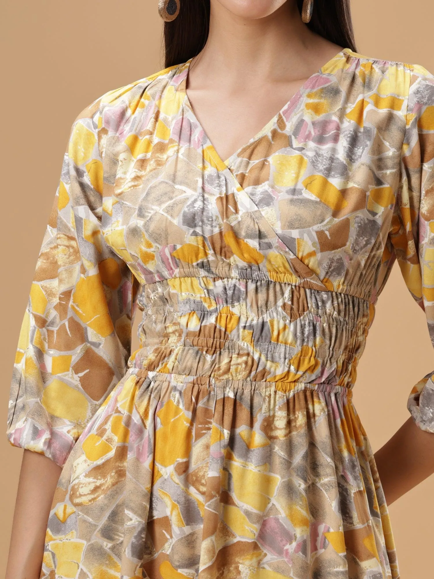 Floral Print Puff Sleeves Smocked Liva Fit & Flare Midi Dress