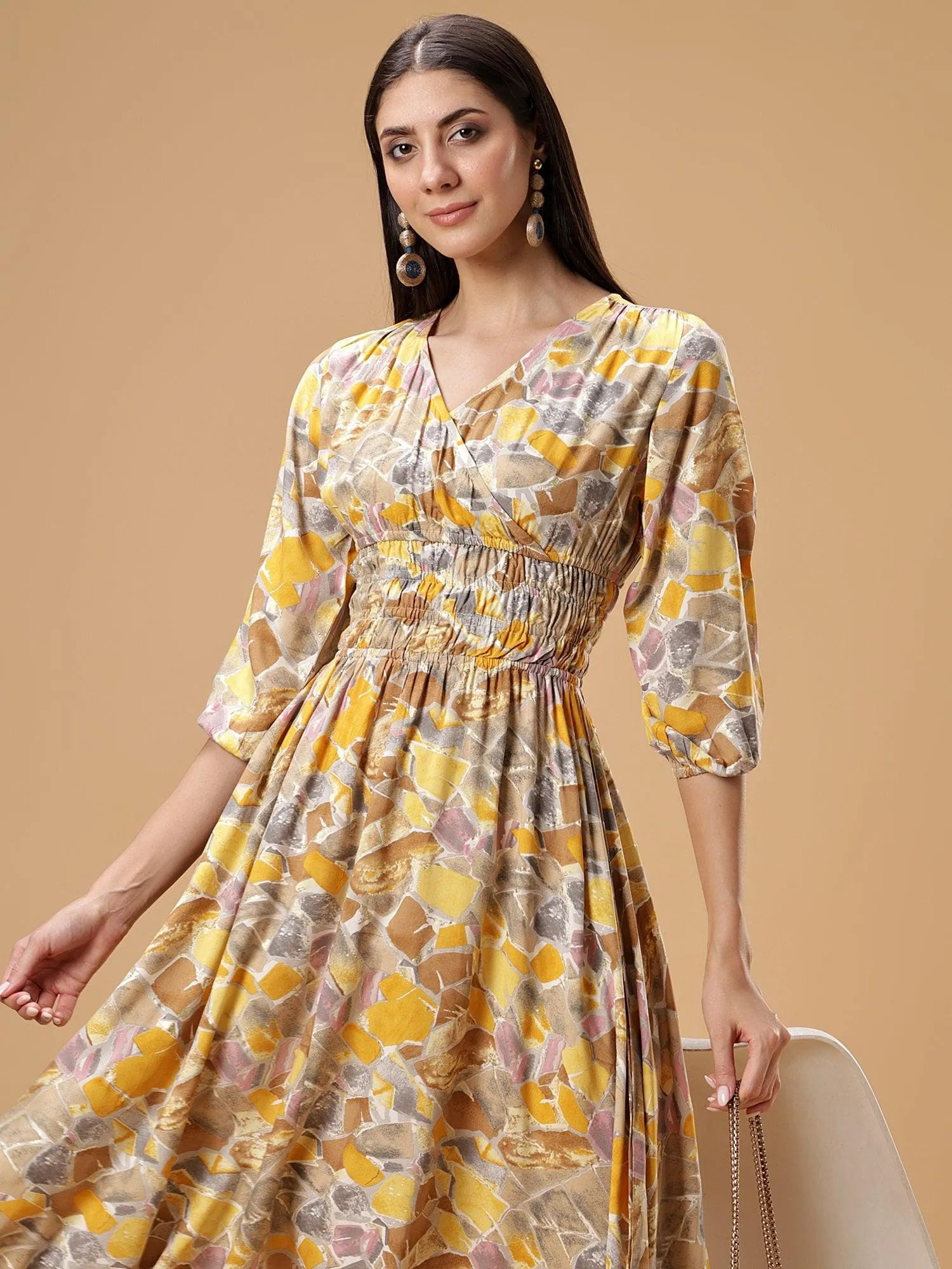 Floral Print Puff Sleeves Smocked Liva Fit & Flare Midi Dress