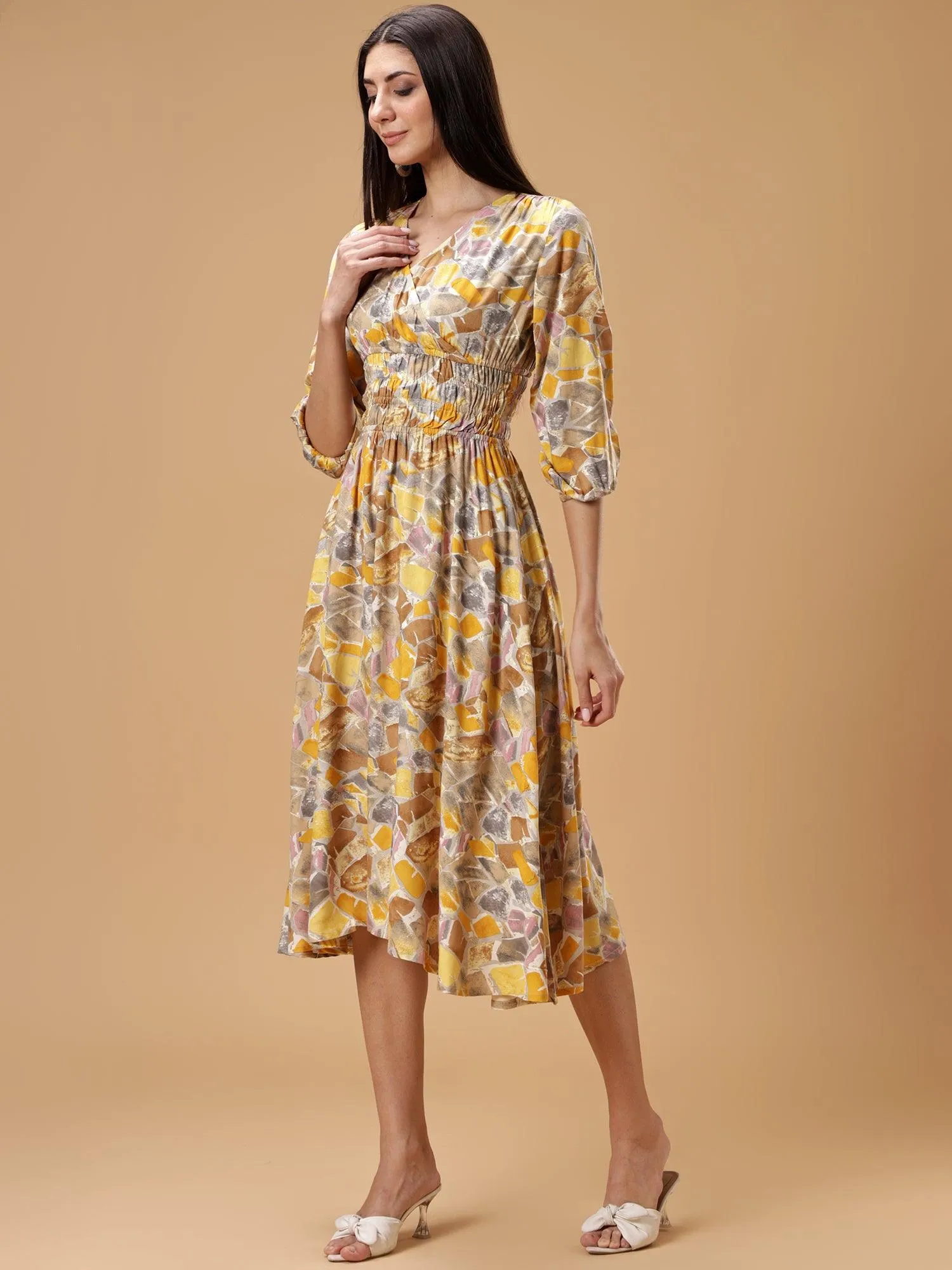 Floral Print Puff Sleeves Smocked Liva Fit & Flare Midi Dress