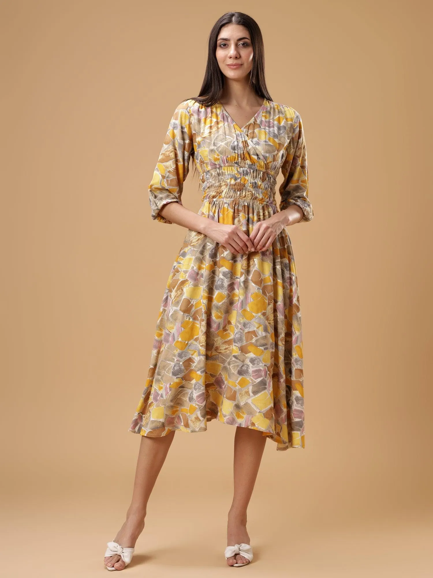 Floral Print Puff Sleeves Smocked Liva Fit & Flare Midi Dress