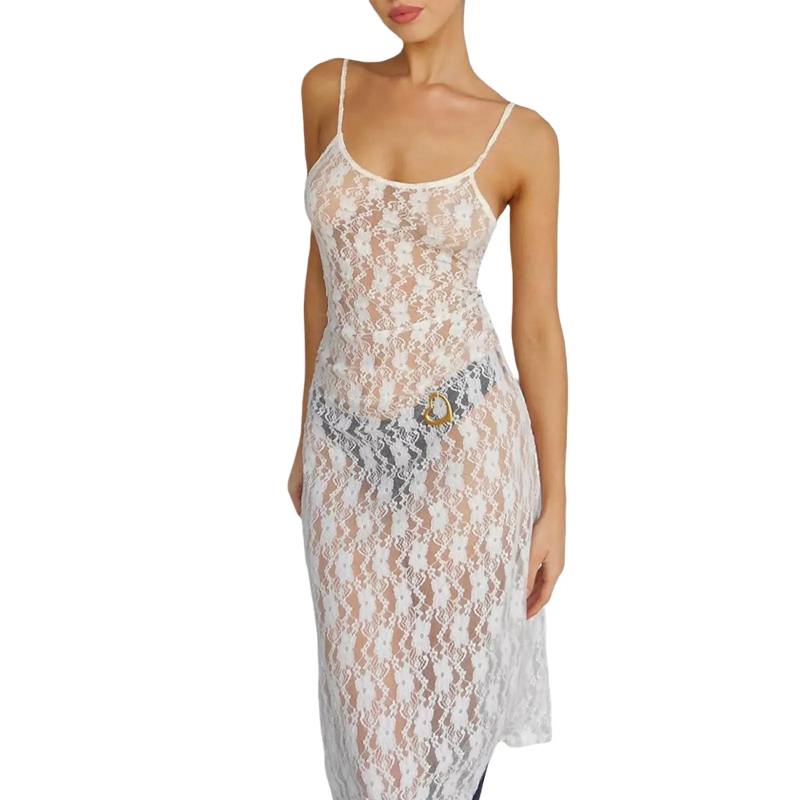 Floral Sheer Mesh Sexy Low Cut Sleeveless Backless Tie-up Bodycon See-Through Cover Ups Summer Lace Dress