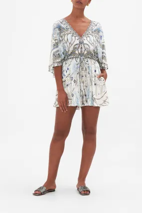 FLUTTER SLEEVE GATHERED WAIST PLAYSUIT MOON AND BACK