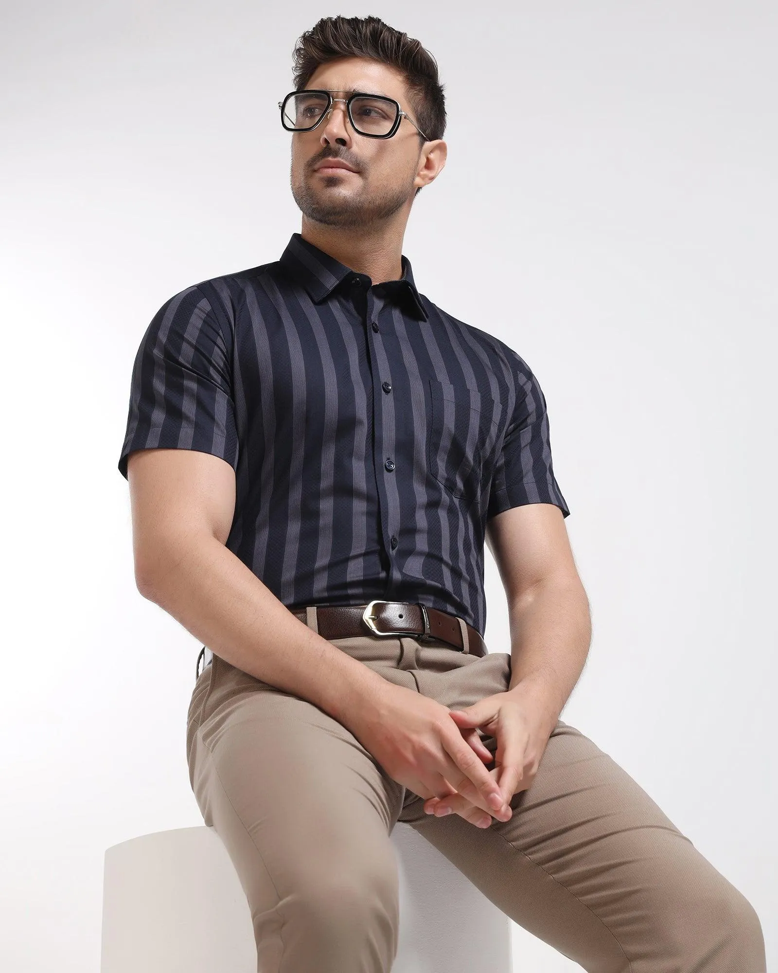 Formal Half Sleeve Navy Stripe Shirt - Regis