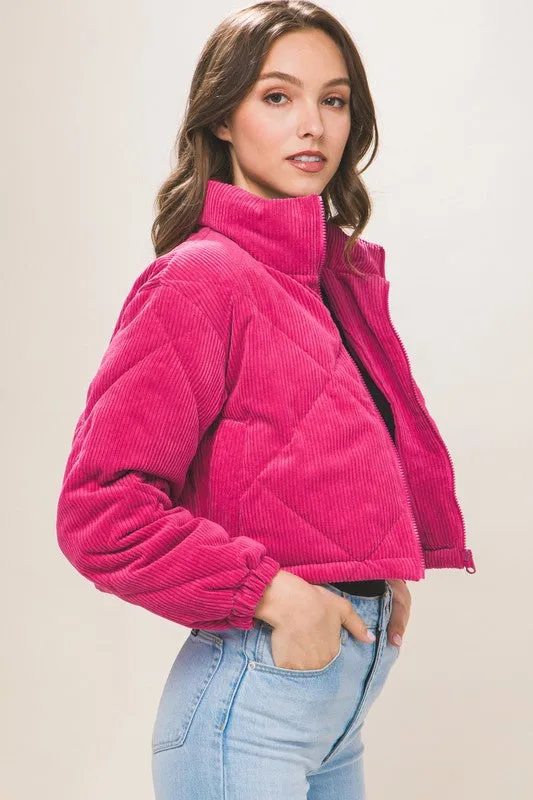 Fuchsia Corduroy Semi-Cropped Zip Up Jacket With Pockets