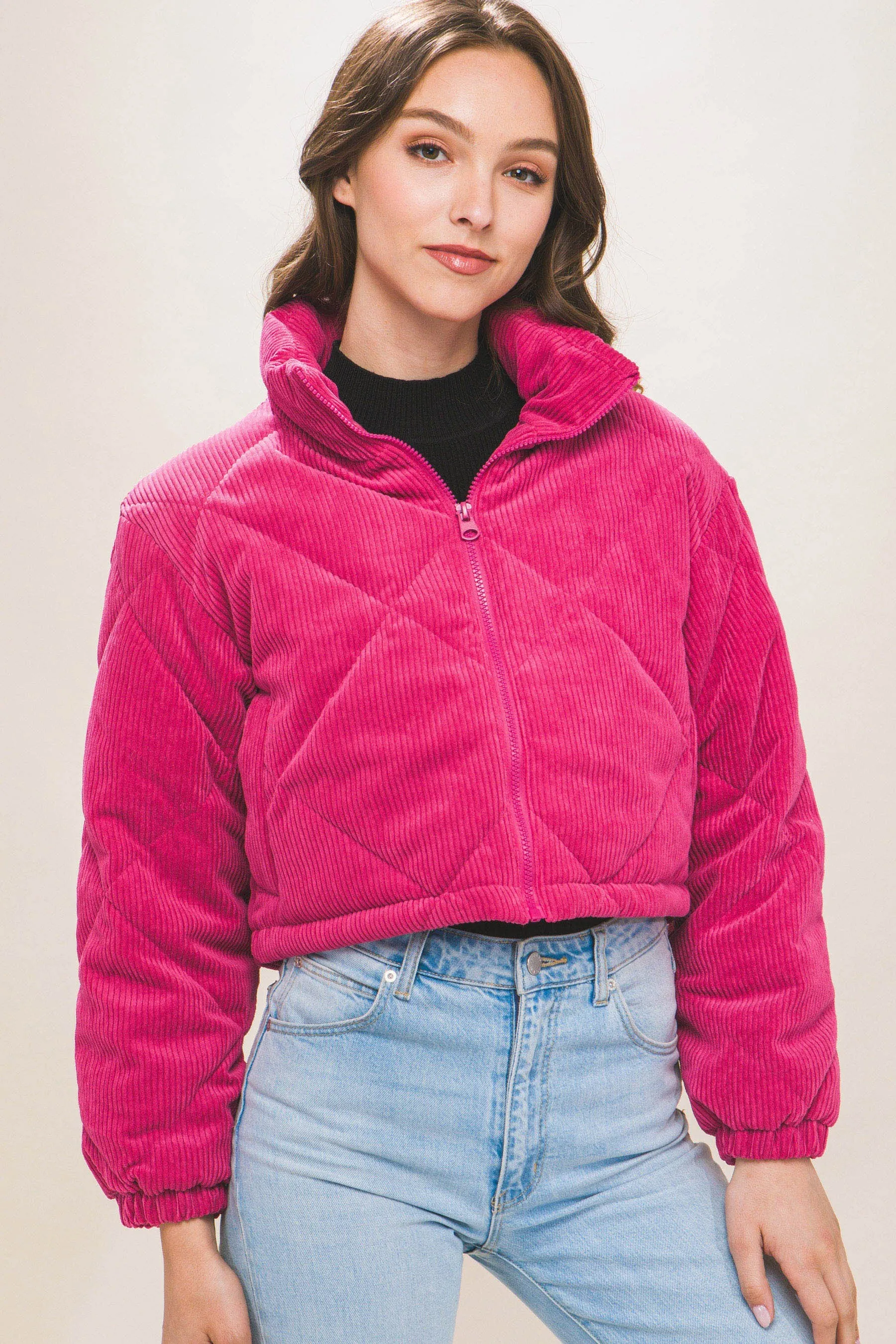 Fuchsia Corduroy Semi-Cropped Zip Up Jacket With Pockets