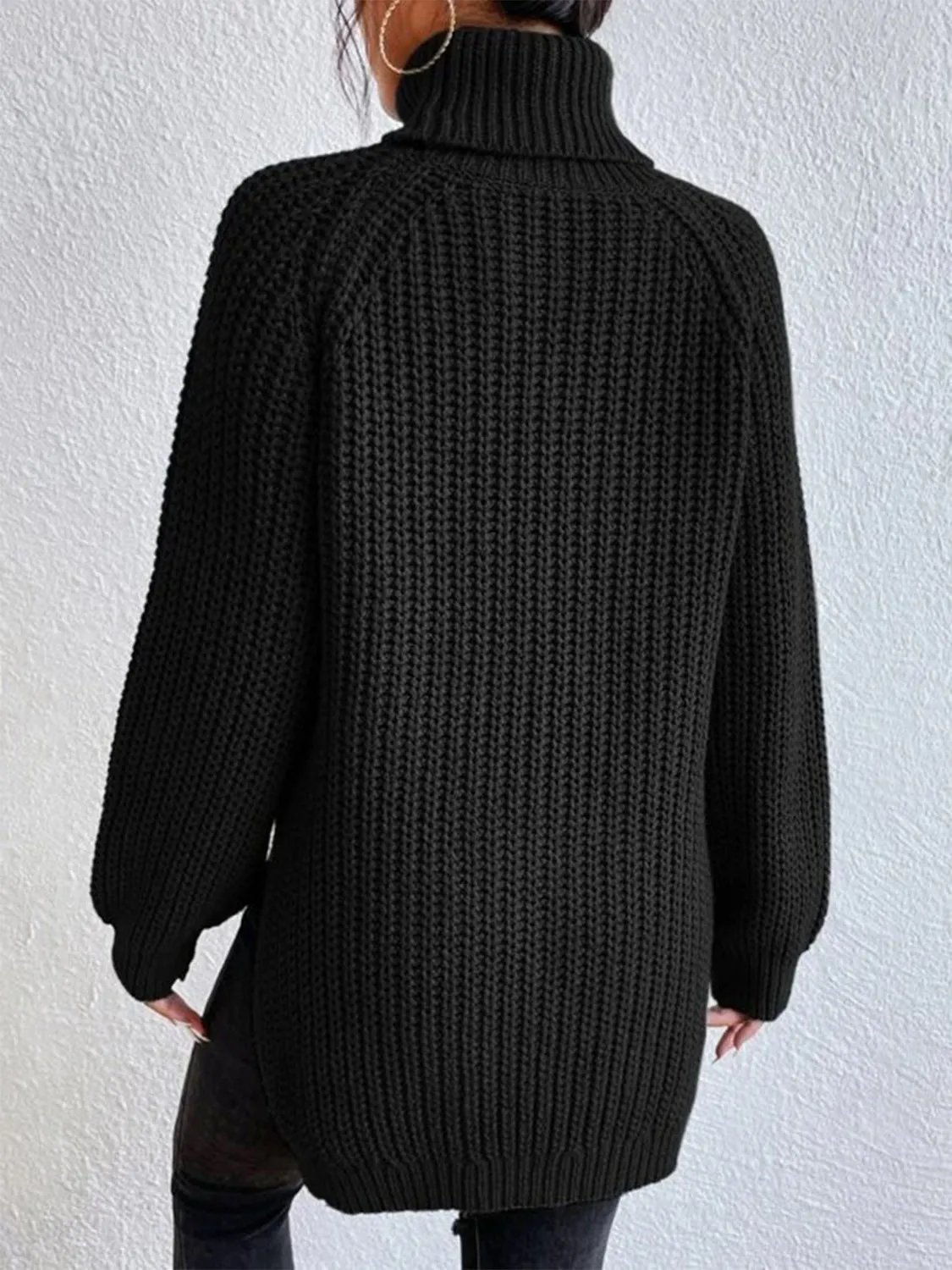 Full Size Turtleneck Rib-Knit Slit Sweater