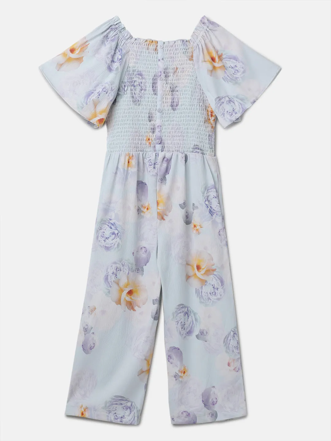 Girls Blue Shirred Printed Jumpsuit