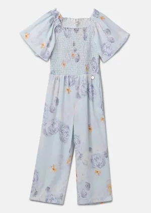 Girls Blue Shirred Printed Jumpsuit