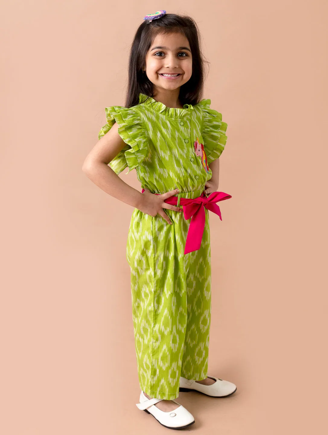 Girls Green Magenta Printed Basic Jumpsuit