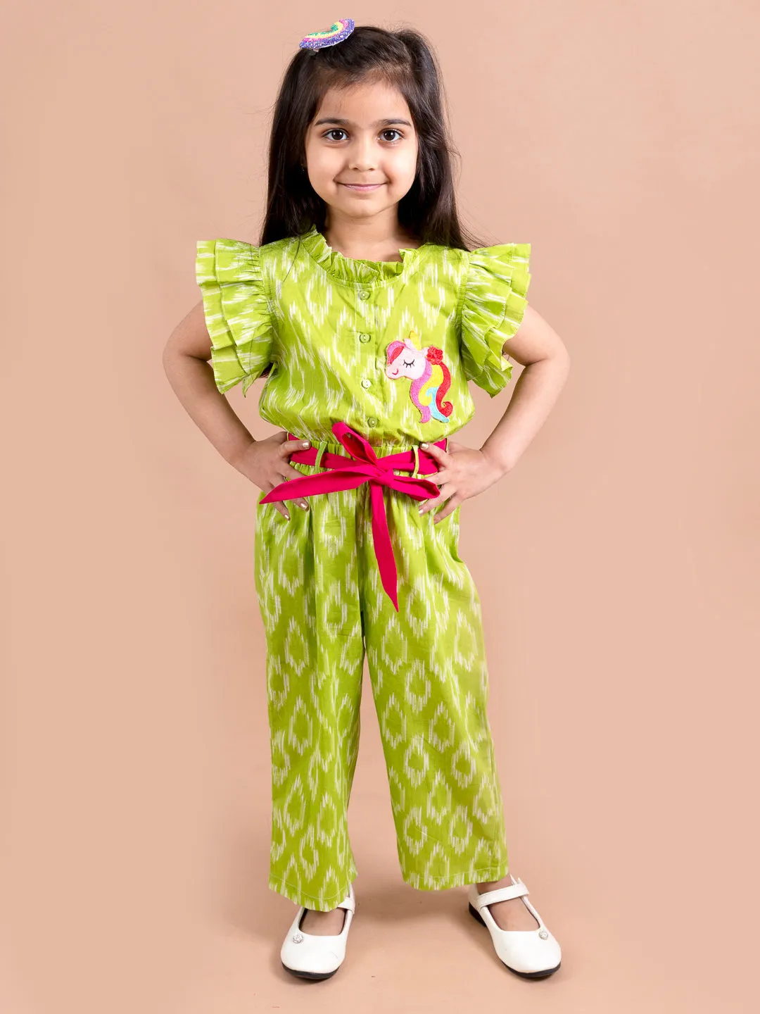 Girls Green Magenta Printed Basic Jumpsuit