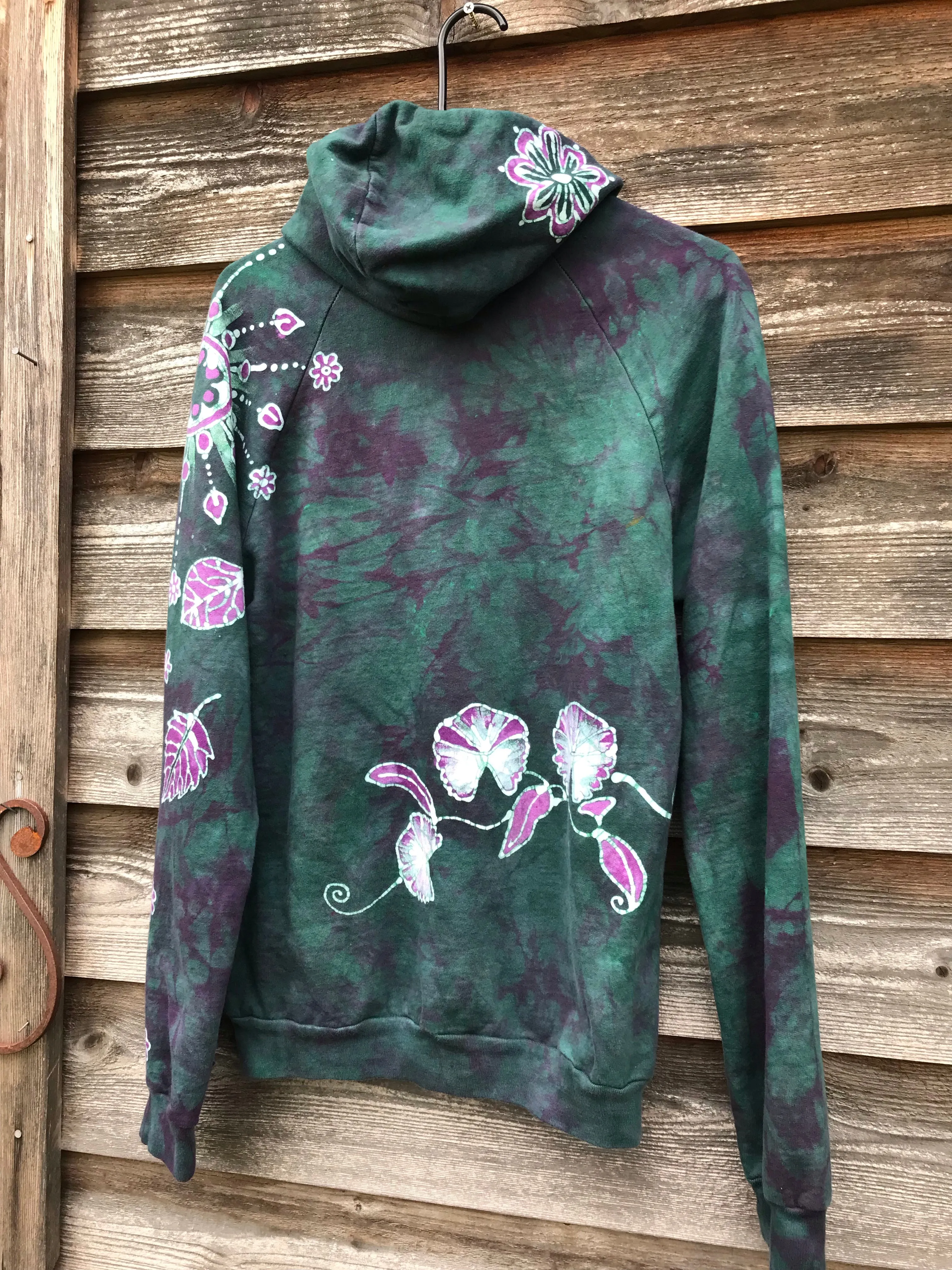 Green Valley Wildflowers Pullover Batik Hoodie in Organic Cotton - Size Medium