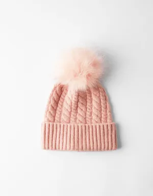 Hat with faux fur pompom