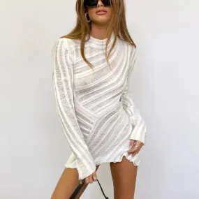 Hollow Out Mini Y2K Long Sleeve See Through Short Bodycon Sexy Slim Fit Clubwear Summer Crochet Dress