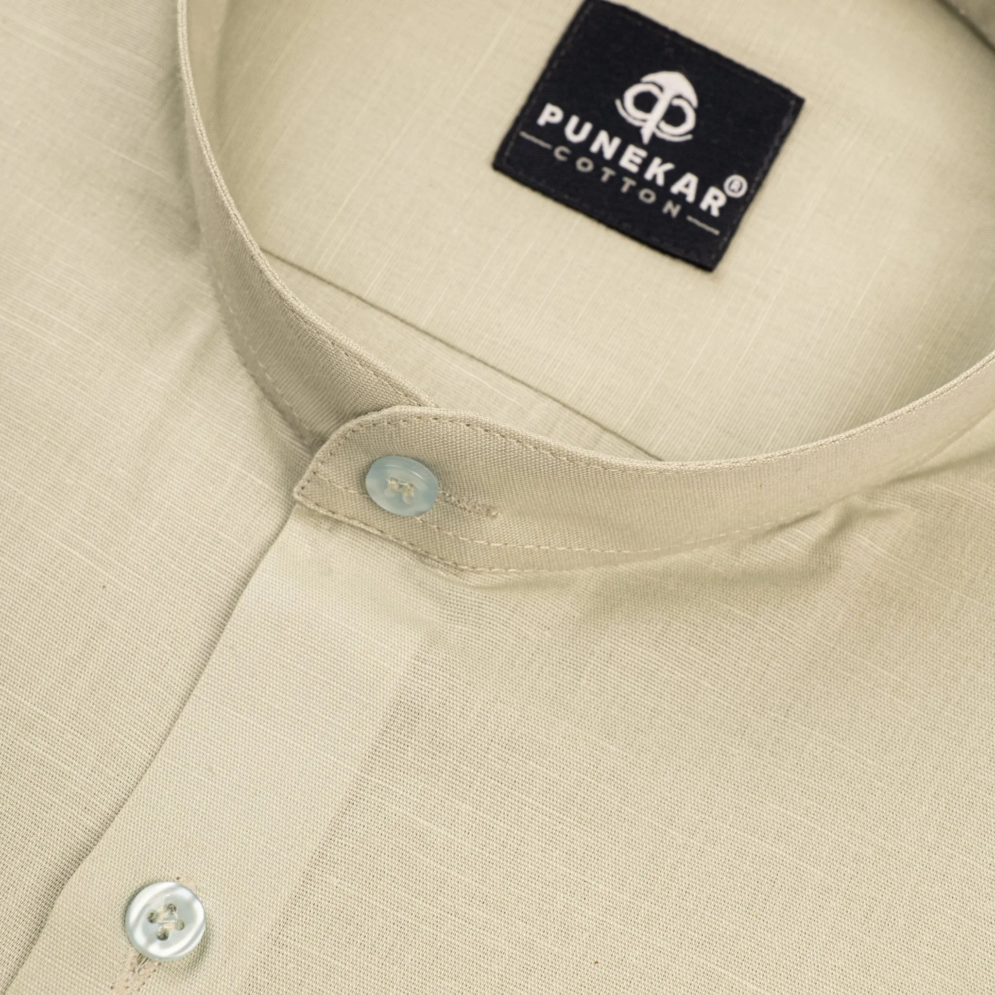 Ivory Color Band Collar Solid Shirt For Men