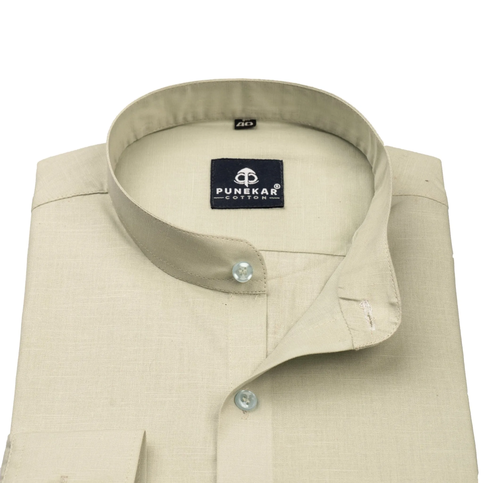 Ivory Color Band Collar Solid Shirt For Men