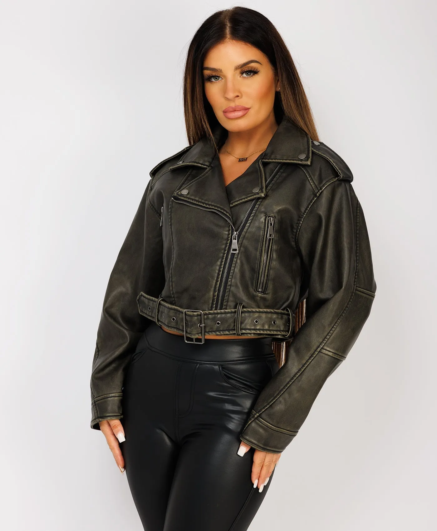 Khaki Vegan Faux Leather Distressed Biker Jacket