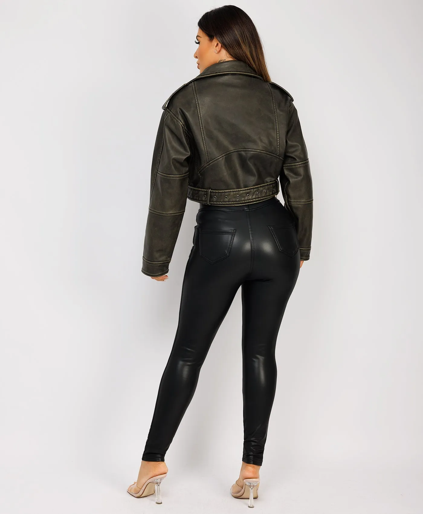 Khaki Vegan Faux Leather Distressed Biker Jacket